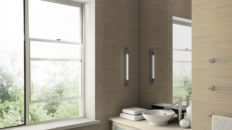 Modern bathroom with aluminium double hung window and vanity sink area